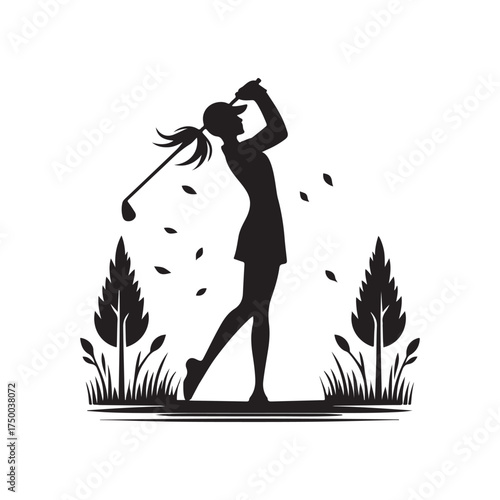 golfer mid swing in autumn vector silhouette clip art logo design illustration