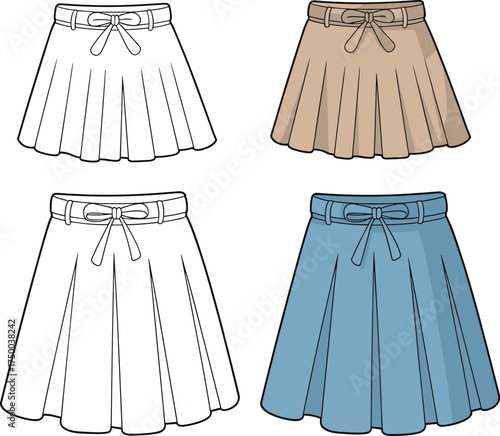 Fashion flat sketch of pleated mini and midi skirts with bow belt, front view, vector CAD design, digital illustration