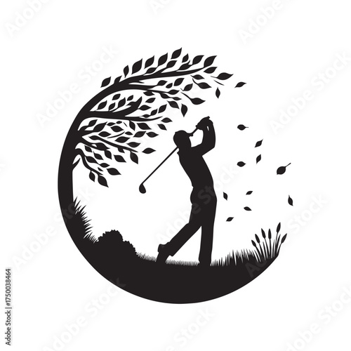 golfer mid swing in autumn vector silhouette clip art logo design illustration