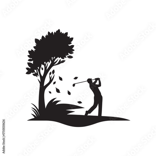 golfer mid swing in autumn vector silhouette clip art logo design illustration