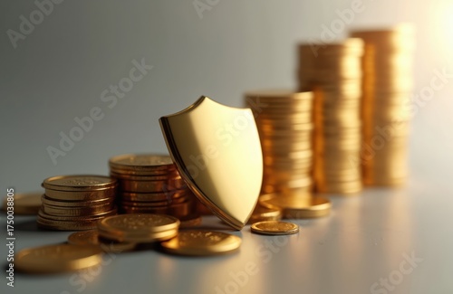 Golden coins stacked in ascending order with a shield in front. Represents financial security, wealth growth, and protection of assets. Symbolizes strong business investment and a prosperous future.