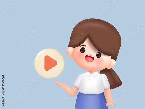 Cute 3D woman pointing at a large play button. Multimedia, video content, online streaming and entertainment concept. 3d vector people character. Cartoon minimal style.
