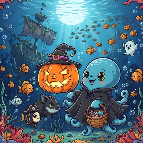 Cute cartoon illustration of an underwater Halloween scene featuring a happy octopus dressed in a witch costume holding a basket of candies. A glowing jack-o’-lantern with a witch hat floats nearby