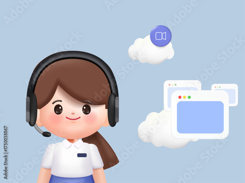 Cute 3D woman in call center online communication, customer service, multimedia and social media concept. 3d vector people character. Cartoon minimal style.