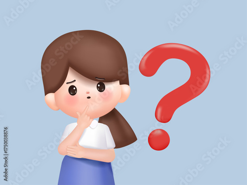 Confused cute woman thinking in a thoughtful pose with question mark. Choice, problem solving concept. 3d vector people character. Cartoon minimal style.