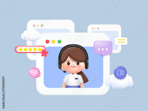 Cute 3D woman in data call center online communication, blogging, multimedia and social media concept. 3d vector people character. Cartoon minimal style.