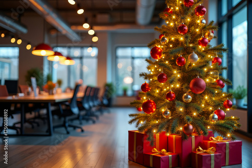 Modern office decorated for Christmas. Holiday workplace interior. Cozy festive office atmosphere.