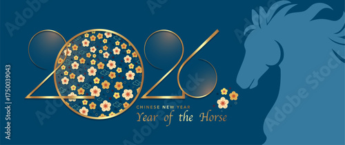 2026 Chinese New Year banner, blue background. Year of the Horse. Vector modern art gold numbers design and cherry blossoms for cover, card, poster, logo zodiac sign. Golden luxury template
