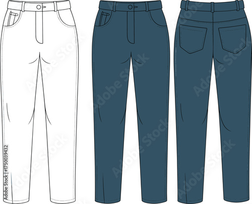Flat technical vector drawing of women's jeans front and back view, CAD pants template, fashion clothing sketch for design