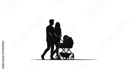 Silhouetted couple walking with a baby stroller, representing family and new beginnings.