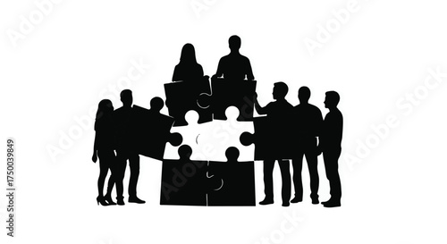 Diverse team collaborating to solve complex puzzle, representing unity and shared goals