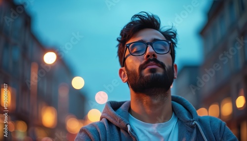 Man with closed eyes practices meditation in urban environment. He wears glasses hoodie. City lights create bokeh effect at background. Concept inner peace mental health wellness lifestyle.