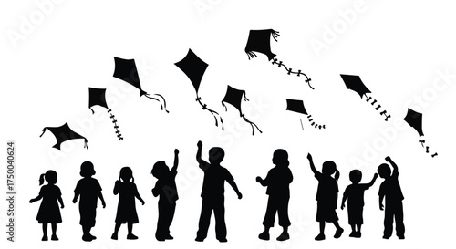 Joyful children silhouetted against a bright sky, flying kites and celebrating freedom
