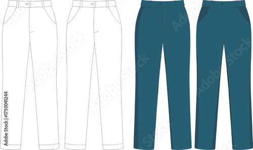 Formal trouser front and back flat sketch, vector fashion pants technical CAD drawing, clothing template design for garment production