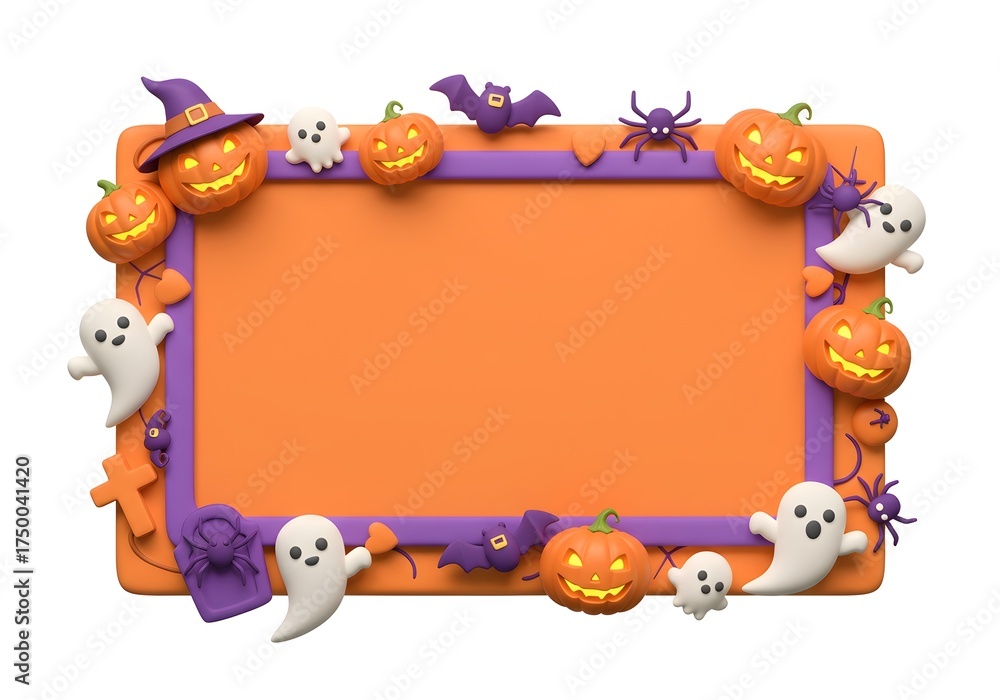 Fototapeta premium Colorful Halloween frame with pumpkins, ghosts, bats and purple border on orange background for festive party invitations and designs., framework for photo