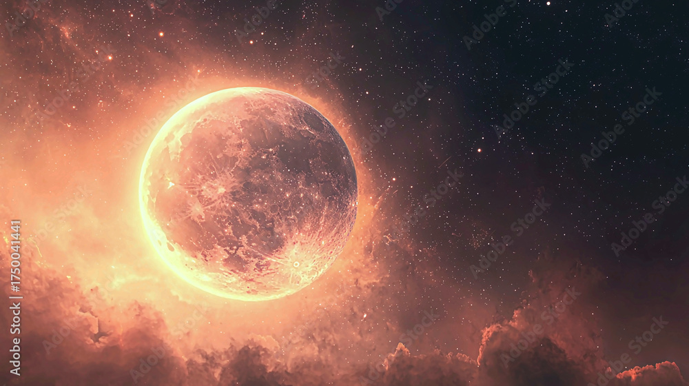Obraz premium AI Generated - Full moon in the sky with clouds and stars in the background, creating an animated and vibrant atmosphere. Commercial illustration artwork for business applications. High-resolution.