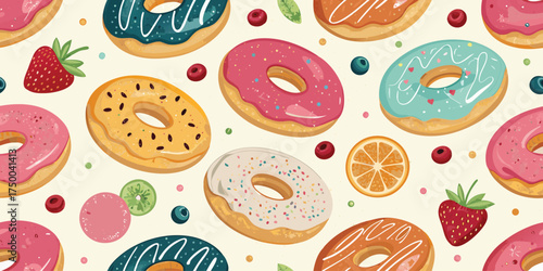 Appetizing Seamless Pattern of Colorful Donuts with Glaze and Sprinkles – Sweet Dessert Background for Cafe, Bakery, and Food Packaging Design