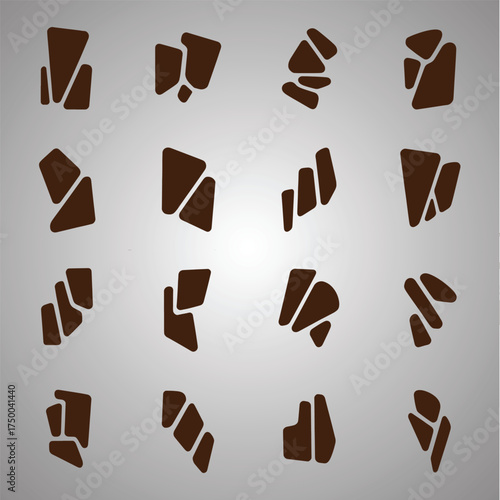 Sixteen abstract brown shapes on a grey gradient background organic irregular