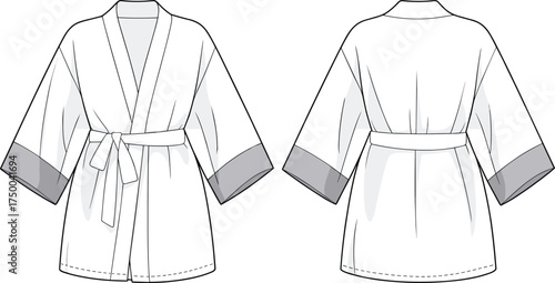 Front and back flat sketch kimono robe with belt, sleeve cuff detail, fashion cad drawing, vector garment technical illustration