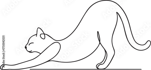 Simple line drawing of a cat stretching its body and front legs forward isolated on white background