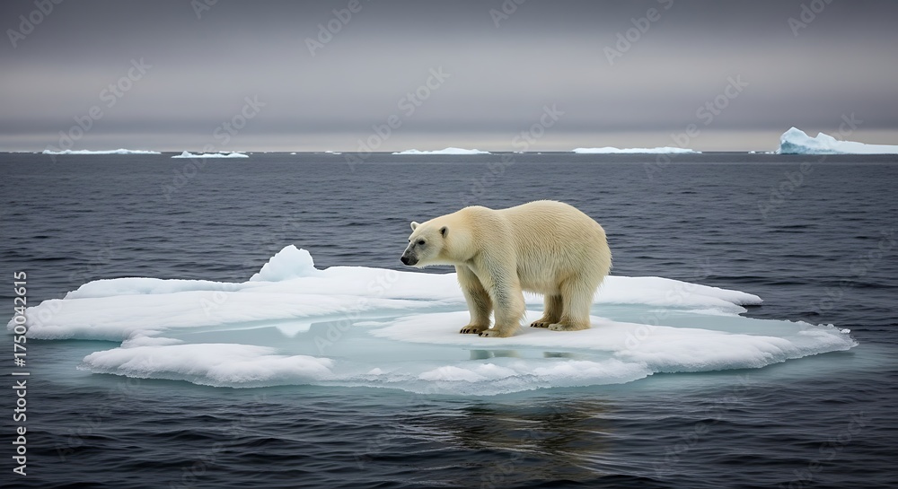 Naklejka premium Polar bear standing on a melting ice floe in the arctic ocean, illustrating the effects of climate change and global warming on wildlife