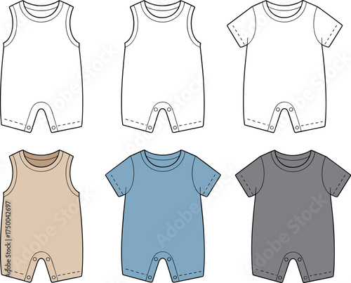 Baby romper suit vector illustration, front flat view, sleeveless and short sleeve onesie design, baby clothes fashion cad template