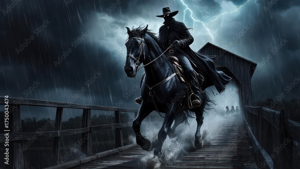 Naklejka premium Figure on horseback rides bridge during storm, lightning strikes, dark cloak, eerie, and foreboding