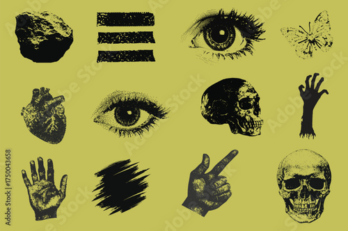 Monochrome grunge retro photocopy stipple effect elements set vector illustration. Various compositions with grunge punk dots texture for y2k collage design. Masking Tape, Hand, Paint Brush , claw mar