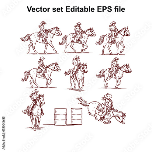 Vector art of collection of nine vector illustrations depicting cowboys and cowgirls riding horses in various poses and actions, , editable eps file
