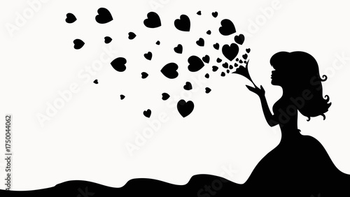Silhouette of a woman blowing hearts into the air with a flowing dress and curly hair in black and white