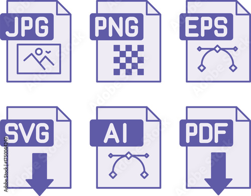 Colored File Icons JPG, PNG, EPS, SVG, AI, and PDF. Vector Illustrations of Documents in Various Formats. For Apps, Advertising, Websites, Buttons, UI, and UX Interfaces, Isolated on White Background