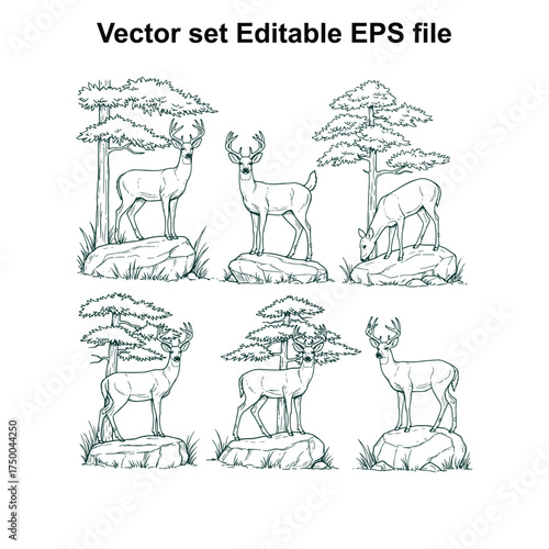 Vector art of group of six vector illustrations featuring deer with antlers standing on rocks amidst trees, , editable eps file format for versatile design applications