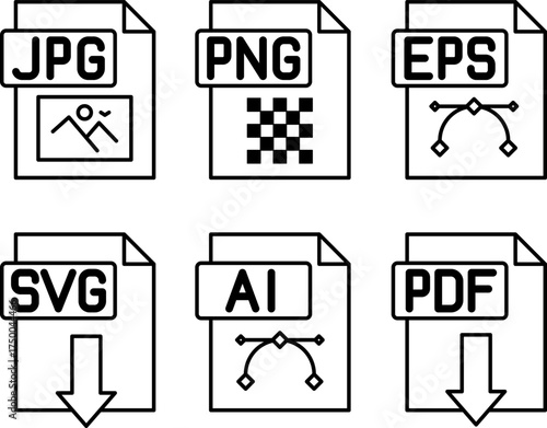 File Icons JPG, PNG, EPS, SVG, AI, and PDF. Vector Illustrations of Documents in Various Formats. For Apps, Advertising, Websites, Buttons, UI, and UX Interfaces, Isolated on White Background