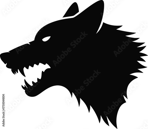 Silhouette of a snarling wolf head with sharp teeth isolated on white background, a powerful and fierce animal