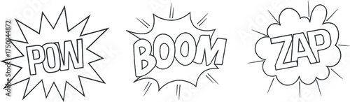Comic explosion shapes line art boom, pow, zap dynamic outlines with curved motion lines, retro pop art vibe, black line vector.