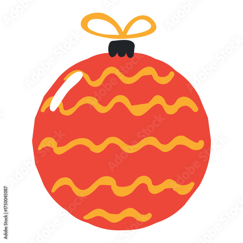 Christmas ornament, tree decoration, bauble, ball isolated on transparent. Hand drawn flat vector illustration. Traditional holiday, Xmas, New Year, seasonal design element, clip art