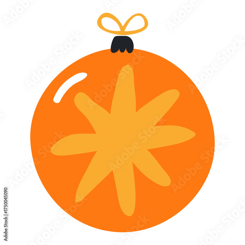 Christmas ornament, tree decoration, bauble, ball isolated on transparent. Hand drawn flat vector illustration. Traditional holiday, Xmas, New Year, seasonal design element, clip art
