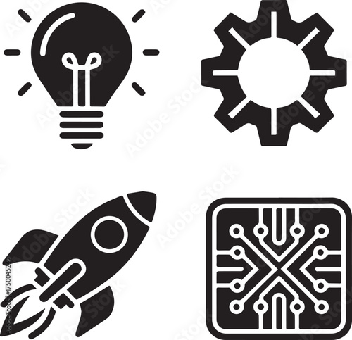 A vibrant collection of symbols representing innovation, from bright ideas to mechanical gears, rocketing progress, and advanced circuit board technology.