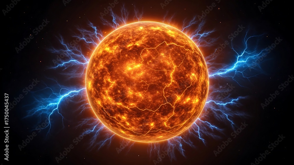 Obraz premium Fiery energetic sun with glowing plasma and crackling blue lightning bolts against a dark background