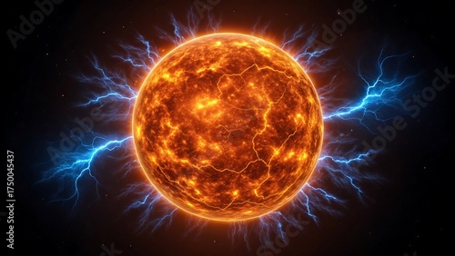 Fiery energetic sun with glowing plasma and crackling blue lightning bolts against a dark background