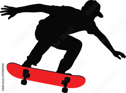 Silhouette of a skateboarder performing a trick on a red skateboard isolated on white background