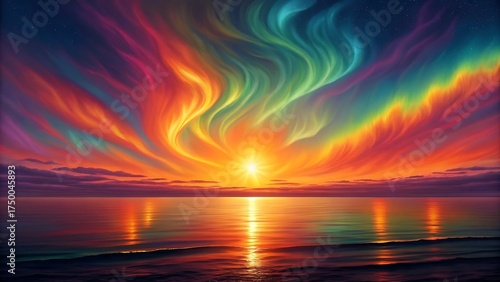 Vibrant aurora borealis displayed over a calm ocean reflecting the fiery sunset colors