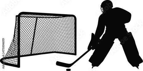 Silhouette of a hockey player with a stick and puck near the goal isolated on white background