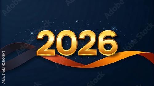 Golden 2026 numerals with a flowing ribbon against a dark blue background with subtle sparkles