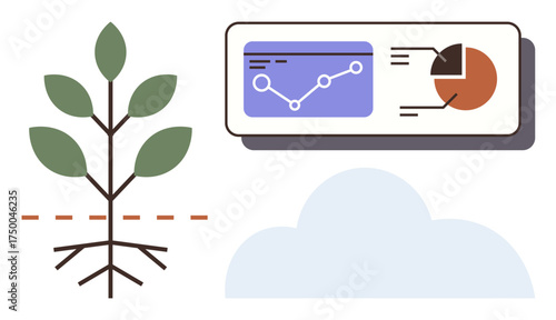 Plant with visible roots symbolizes growth, paired with analytics chart and pie graph denoting progress and metrics. Ideal for sustainability, data analysis, growth strategy, nature, business