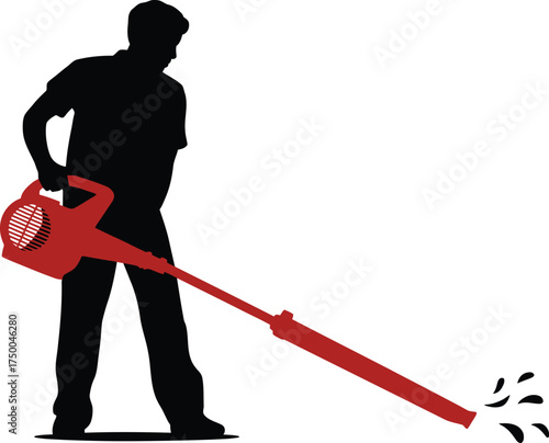 Silhouette of a man using a leaf blower, isolated on white background, maintaining the yard