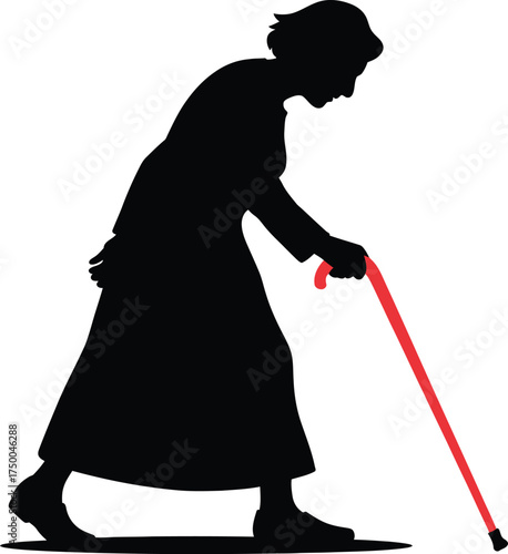 Silhouette of an elderly woman walking with a cane, depicting aging, mobility, and support