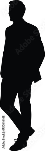 Silhouette of a man in a suit walking with his hand in his pocket isolated on white background