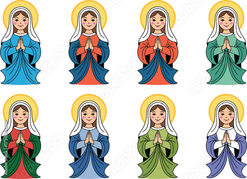 Colorful icons of virgin mary isolated on white background in different colors