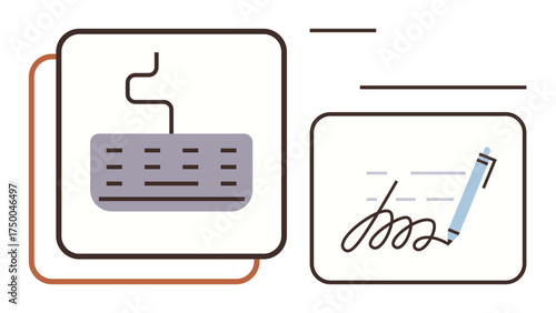Keyboard and signature alongside pen highlighting balance of digital and analog methods for secure authentication. Ideal for technology, communication, multitasking, workflow, security